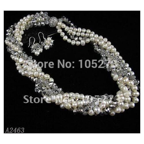 Charming!pearl jewelry set 5rows AA 8-9mm white color Genuine freshwater pearl & crystal necklace earring free shipping A2463a