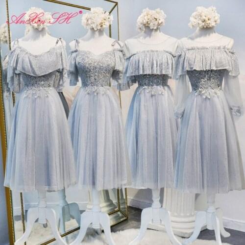 AXJFU princess grey flower lace bow Bridesmaid Dress party fashion illusion beading crystal ruffles lace up Bridesmaid Dress
