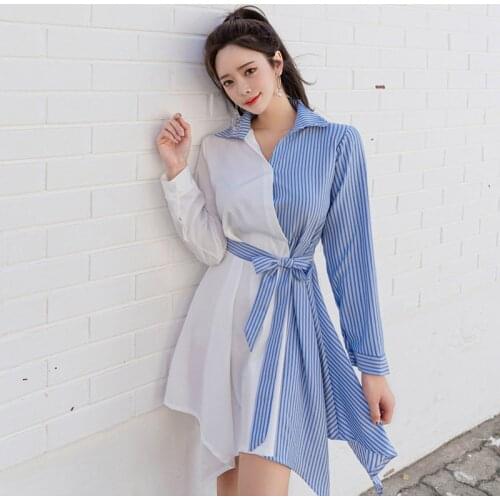 Contrast Print Striped Shirt Dress Women Long Sleeve Asymmetrical Office Dress Ladies Blue Autumn Winter Dress 2019 Robe Pull
