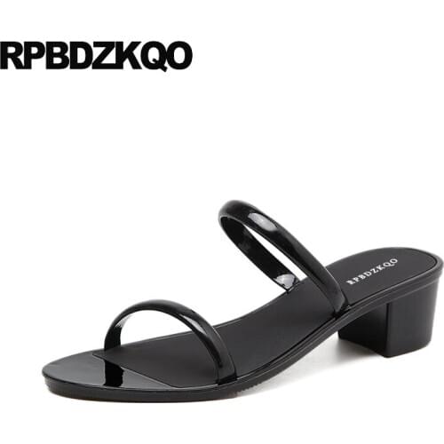 Blue Slides Plastic Thick Square Pumps Low Heel Shoes Chunky Korean Women Sandals 2018 Summer Jelly Cheap Fashion Strap Black