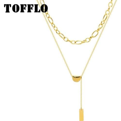 TOFFLO Stainless Steel Jewelry Sweater Chain Golden Beans Double Layered Necklace Square Brand Clavicle Chain BSP864