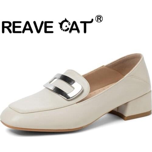 REAVE CAT 2021 Loafers Pumps Slip On Metal Decoration Square Toe 3.5cm Chunky Heel Shoes Size 32-47 Black Beige Apricot A4204