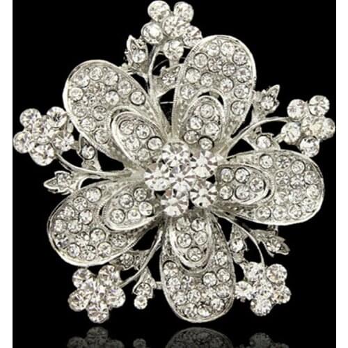 Vintage Silver color Sparkly Clear Crystals Rhinestone Big Flower Bridal Brooch