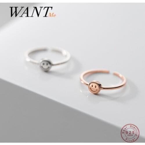 WANTME New Real 925 Sterling Silver Minimalist Cute Sweet Smile Lucky Open Finger Ring for Women Party Punk Jewelry Accessories