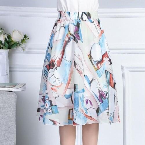 Skirts 2021 Fashion Women Summer Floral Print Pleated Skirt Female High Waist Mid Long Chiffon Skirt Skirts Women