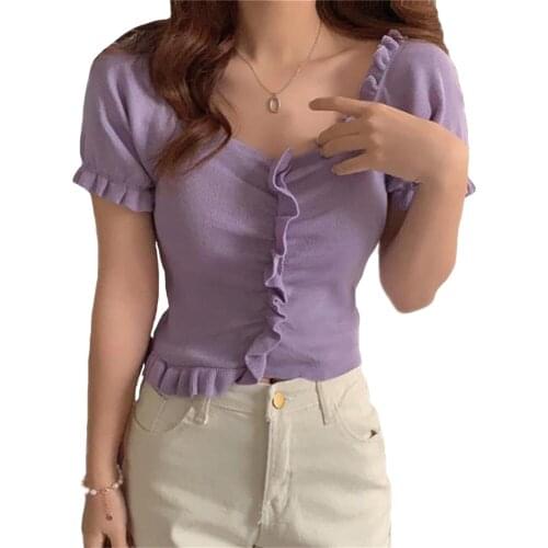 Summer Women T-shirt Western Style Wood Ear Pleated V-neck Short-sleeved T-shirt 2021 New Ladies Slim Bottoming Shirt Tops