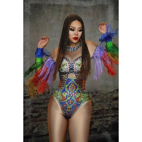 Women nightclub sexy crystals leotard dance costume tassel outfit Multi-color rhinestone fringe bodysuit