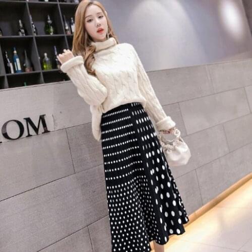 2021 Autumn Winter Women Polka Dot Pleated Skirt Lady Thick Warm A Line Skirt Chic Knitted Sweater Skirt Female Slim Faldas Q190