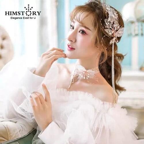 HIMSTORY Romantic Handmade Beaded Wedding Hair Hairpins Clips Rose Gold Feather Leaf Bridal Hair Jewelry Accessories