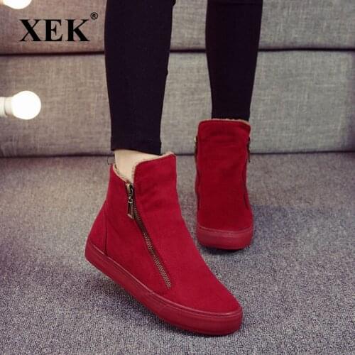 XEK Winter Ankle Boots Female Zipper Flock Platform Snow Boot Ladies Plush Sneakers Casual Flat Shoes Woman Footwear ZLL341