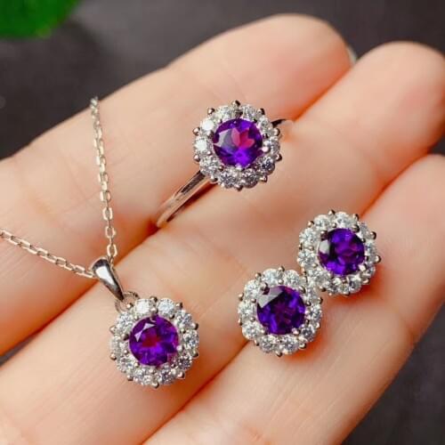 Shiny purple amethyst ring earrings and necklace jewelry set women silver fine jewelry round gem fashion ornament birthday gift
