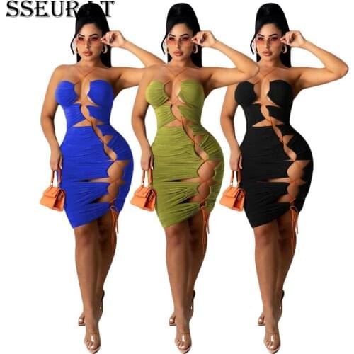 SSEURAT Women Mini Dress Solid Spaghetti Strap Bandage Hollow Out Sleeveless Sheath Elastic Dresses Sexy Night Club Party Dress