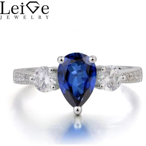 Leige Jewelry Lab Blue Sapphire Ring Wedding Ring Pear Cut Gemstone September Birthstone Solid 925 Sterling Silver Ring for Her
