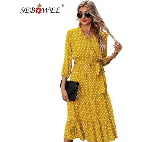SEBOWEL Elegant Vintage Lady Polka Dots Dress New Spring Holiday Women High Waist V-Neck Midi Beach Ruffles Dresses with Sashes