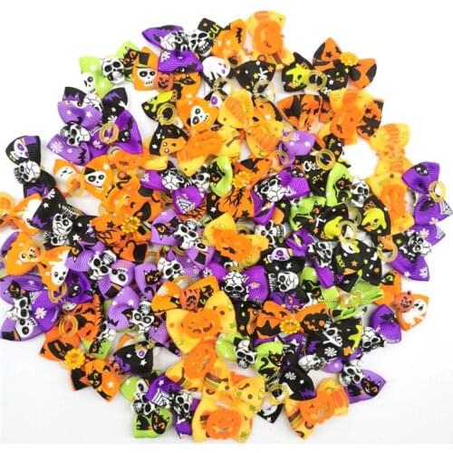50/100pcs Halloween Dog Bows Pets Accessories Dog Hair Bows Pet Small Dog Bows Pumpkin Skull Dog Grooming Bows Pet Supplies