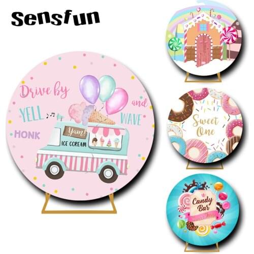 6 Options Round Circle Candy Ice Cream Bus Backdrop For Photography Girl Baby Shower Newborn Sweet One Birthday Party Background
