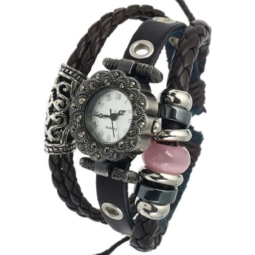 Gnova Platinum Antique Retro Vintage Fashion Woman Watch Pink Cat Eye Bead Quartz Wristwatch Rhinestone Black Dial Relogio A752