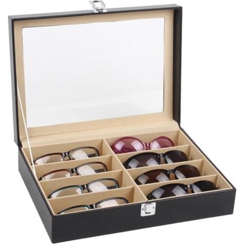 8-Grid Eye Glasses Case Proable Clear Lid Faux Leather Eyewear Sunglasses Display Storage Box Fashion Holder Organizer for Home