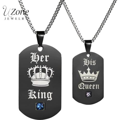 UZone ID Tag Pendant Couple Necklace Her King&His Queen Crown Cubic Zircon Titanium Steel Necklace Laser Engrave Lover Gift