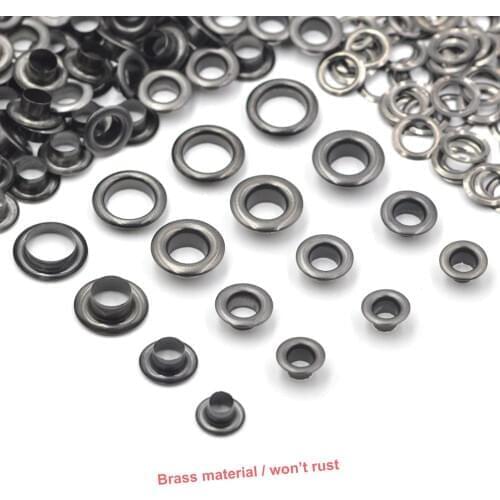 KALASO 100sets Pure Brass Material Gun Black 5mm/6mm/8mm/10mm Grommet Eyelet With Washer Fit Leather DIY Craft Shoes Belt Cap