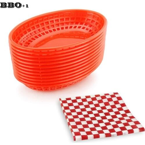 12pcs Plastic Oval Food Serving Basket and 24pcs Wrapping Paper French Fries Basket Plastic Picnic Plate Bread Paper