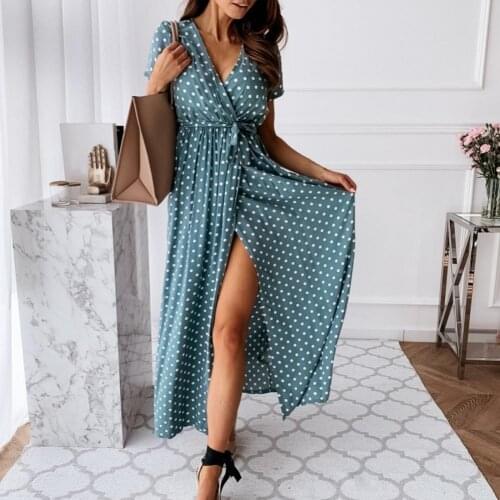 Summer Fashion Vintage Polka Dots Women Dress Spot Design Decorative Stylish Short Sleeve V-neck One-piece Party Maxi Dress