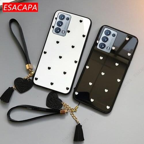 Small Love Heart Tempered Glass Case For OPPO Reno 6 Pro Plus 5G Shockproof Hard Phone Case For OPPO Reno 6 With Tassel Lanyard