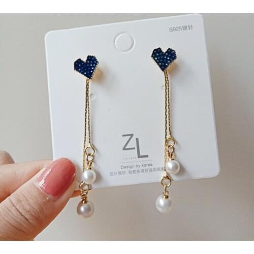 Sweet Cute Small Fresh Simulated-pearl Pendant Earrings Simple Exquisite Mosaic Full Rhinestone Heart Long Tassel Earrings