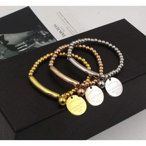 Fashion Stainless Steel Luxury Fantastic Letter Tag Round Bead Chain Elasticity Bracelet Bangle Woman Party Gift