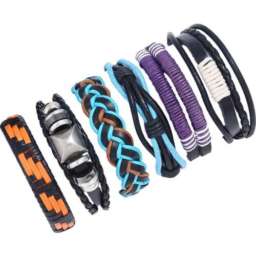 Punk Rock Women Men Wristbands Bracelets Set Multilayer Rivets Beads Braided Leather Charm Rope Bangle Wrap Fashion Jewelry Gift