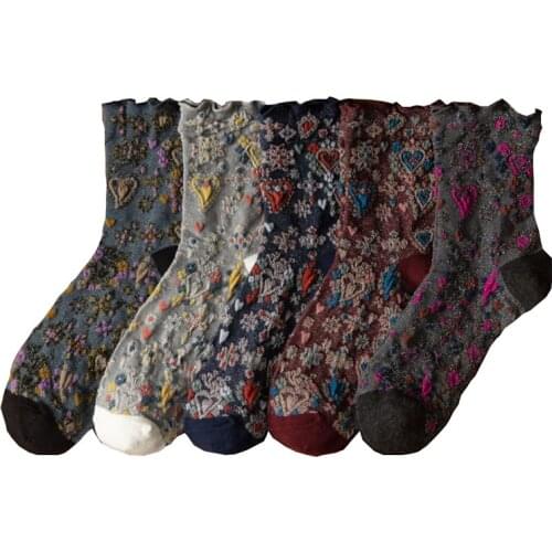 5 Pairs Fashion Print Wpmen Socks Set Street Style Long Cycling Cotton Winter Socks Pack Harajuku Flowers Korean Sokken Vrouwen