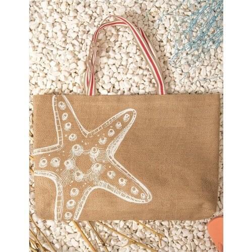 New small beach bag fashion women summer starfish printed jute beach bag shoulder bag top bag shopping bags purse