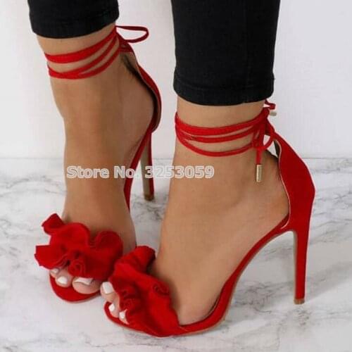 ALMUDENA Newly Arrived Young Girls Lace-up Ruffles Gladiator Sandals Sweet Style Floral Dress Pumps Bridemaid High Heels Shoes