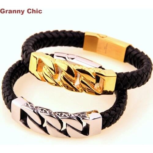 Granny Chic NEW style cool Jewelry for Men Silver/Gold Decorative pattern Black Genuine Leather fashion Bracelet Wristband 8.66"