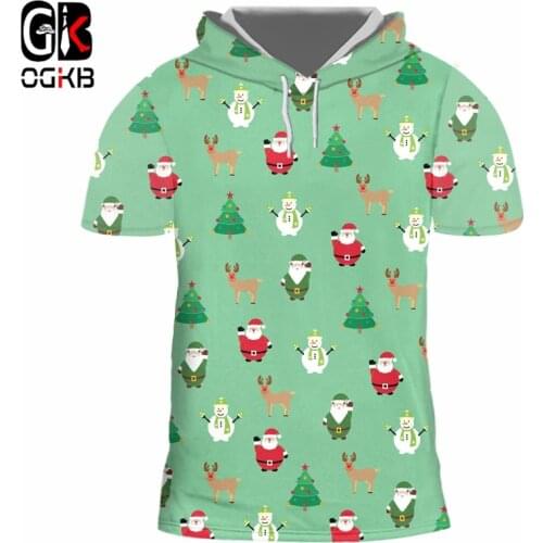 OGKB Man Winter T shirt New Mini Tree And Elk 3D Printed Santa Claus And Snowman Large Size 5XL Men'a Hooded Tshirt