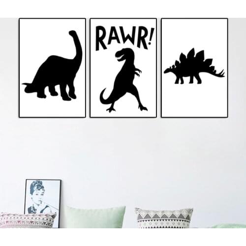 Nordic Style Black And White Animal Cartoon Dinosaur RAWR Posters Home Decor Canvas Painting Print Wall Picture for Living Room