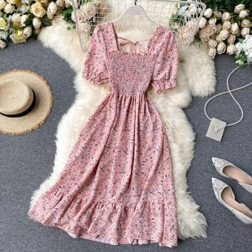 Fashion Floral Chiffon Dress Women Square Collar Short Sleeve Folds Flower Print Summer Dress Female Casual Slim Sundress