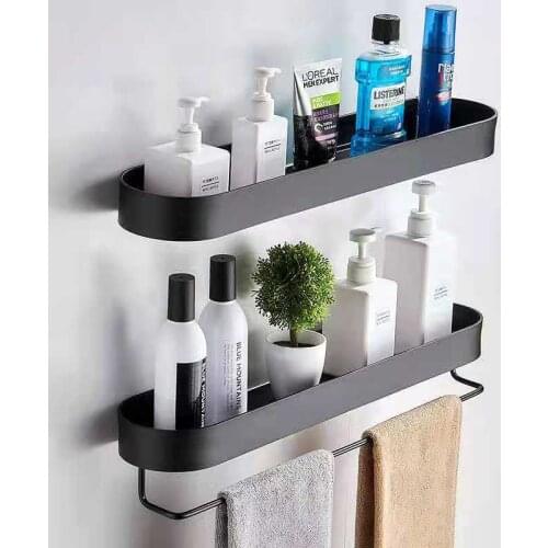 Black Wall Shelf Kitchen Towel Holder Bathroom Shelf Rack Shower Storage Basket Kitchen Organizer Metal Nail-free installation