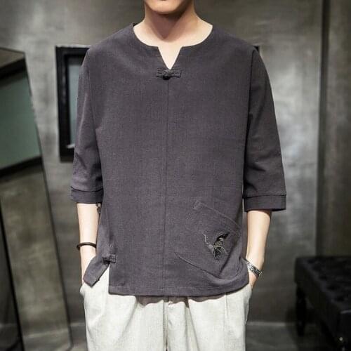 Summer Men Linen Shirt Chinese Style Retro Casual V-Neck Tops Plus Size Embroider Traditional Asian Tang Suit Tops For Man 30734