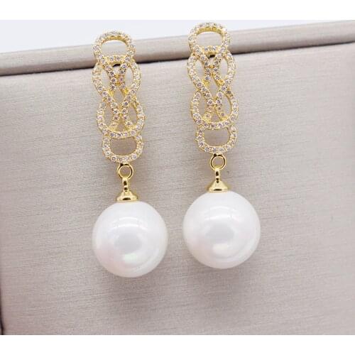 White Teardrop Sea Shell Pearl White Golden Plated Cz pave Earrings