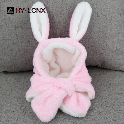 Winter Warm Baby Bunny Hat Kids Girl Boy Childrens Windproof Hats Coral Fleece Cute Rabbit Long Ear Scarf Cap Toddlers 0-3Y
