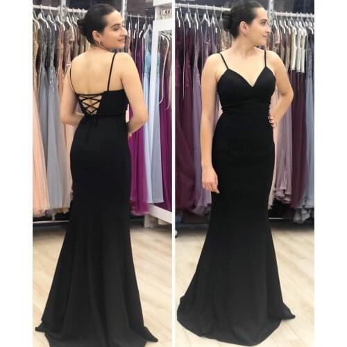 Sexy Long Black V-Neck Evening Dresses Criss Cross Back Satin Mermaid Abendkleid Robes de Soirée for Women