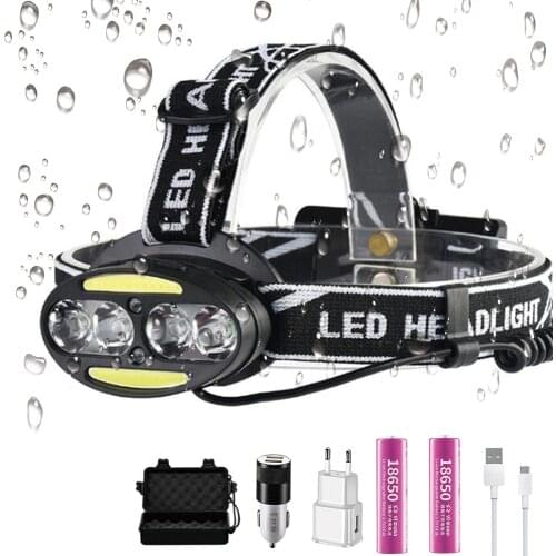 6000LM Super bright LED headlamp 4 x T6 + 2 x COB + 2 x Red LED waterproof led headlight 7 lighting modes 2x18650 battery