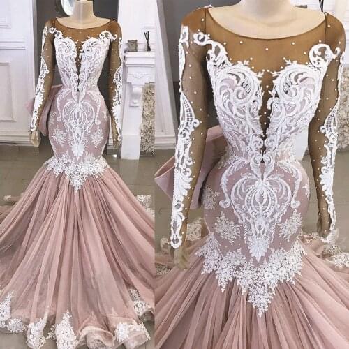 SuperKimJo African Mermaid Evening Dresses 2020 Lace Applique Long Sleeve Elegant Pink Luxury Evening Gown Vestido De Festa