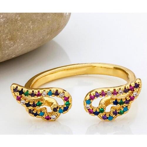 Vintage Gold Color Rainbow Wing Ring For Women Crystal Opening Adjustable Copper CZ Ring Bohemian Fashion Zirconia Jewelry Gift