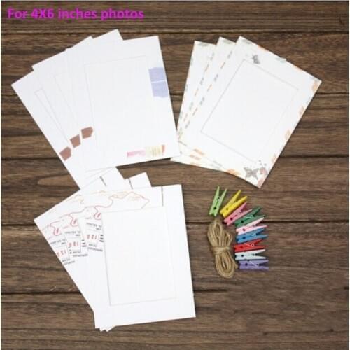 Vintage 4x6 Inches Wall Frame Paper Photo Frames With Wood Clips and Hemp Ropes For Home Decoration, 9pcs/Set, 45pcs/Lot