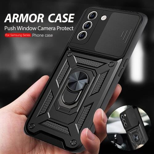 Push Camera Protect Armor Case For Samsung S21 FE S 21 Ultra 5G S20 Plus Note 20 Car Magnetic Ring Shockproof Phone Cover Fundas