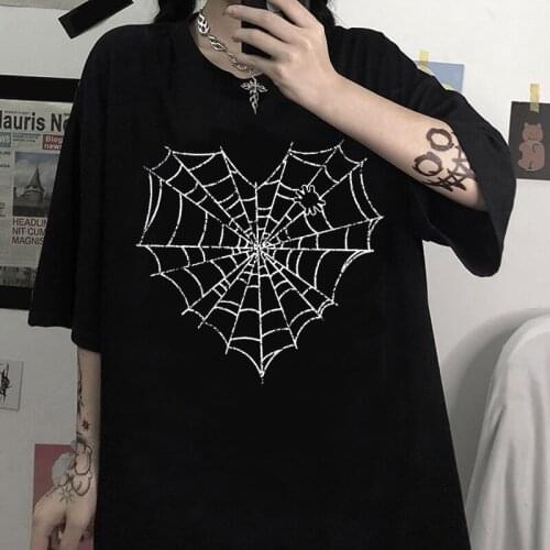 Fun Spider Web Print Harajuku Gothic Aesthetic Womens T-shirt Ulzzang 200s Summer Vinatge Top Kpop White O-neck Cotton T-shirt
