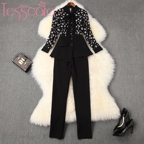 TESSCARA Women Runway Designer Elegant Pant Suit Set High Quality Office Cocktail Party Two-piece Suits Female Vintage Bow Sets