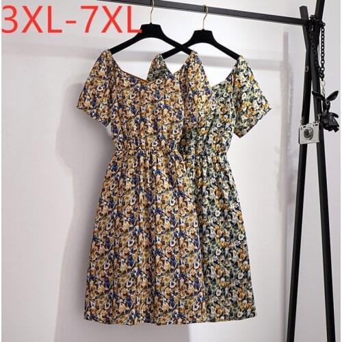 New 2021 Ladies Summer Plus Size Midi Dress For Women Large Short sleeve Slim Floral Print Chiffon Dress 3XL 4XL 5XL 6XL 7XL